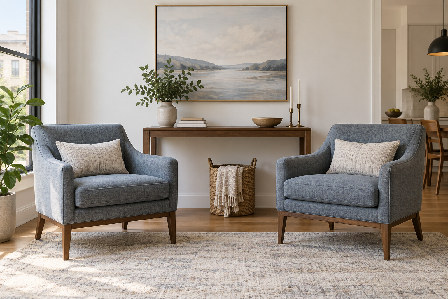 A matching pair of blue-gray accent chairs facing a console in a bright room