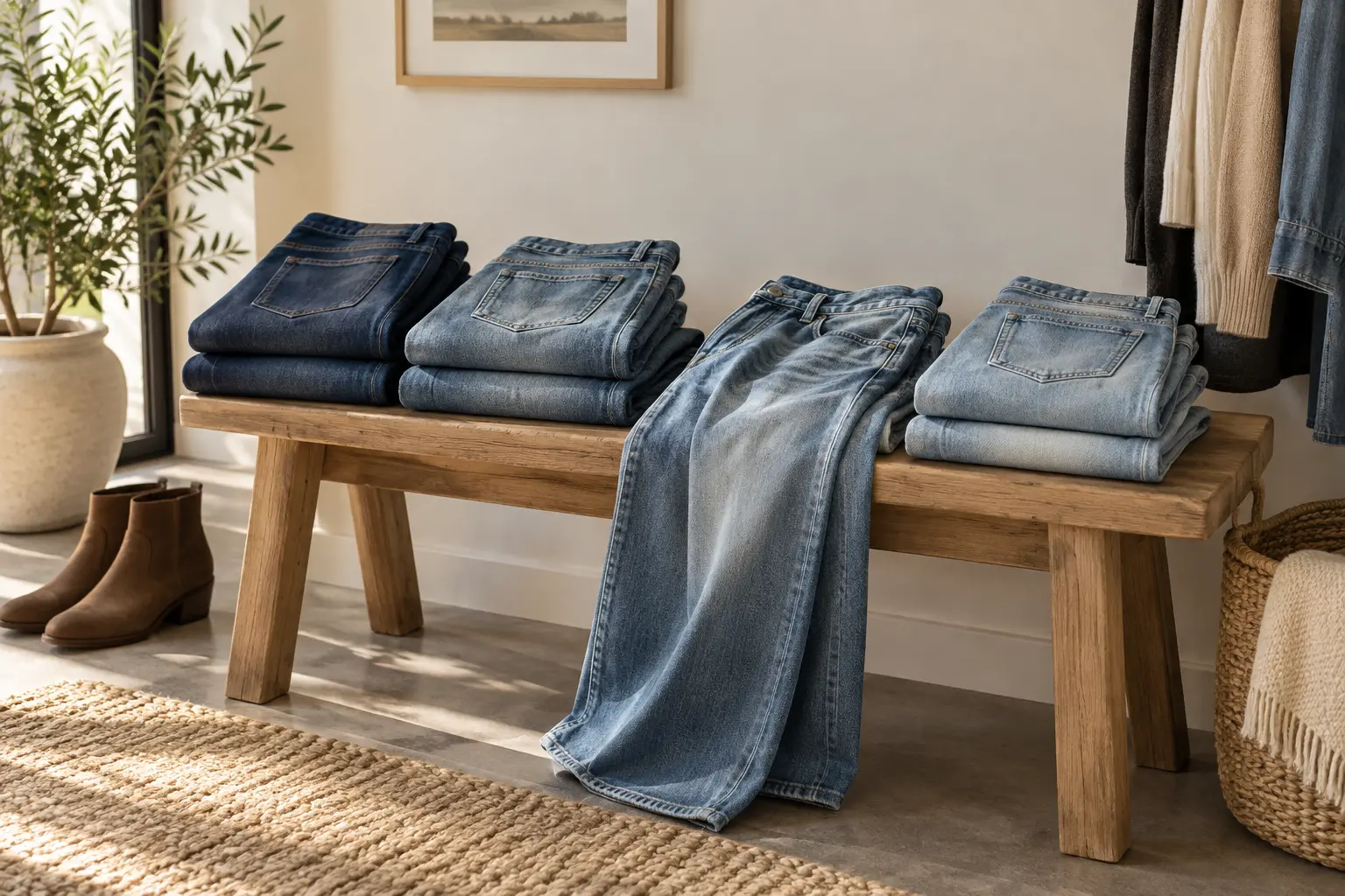 Several blue denim fits arranged in a wardrobe for a Lucky Brand jeans buying guide