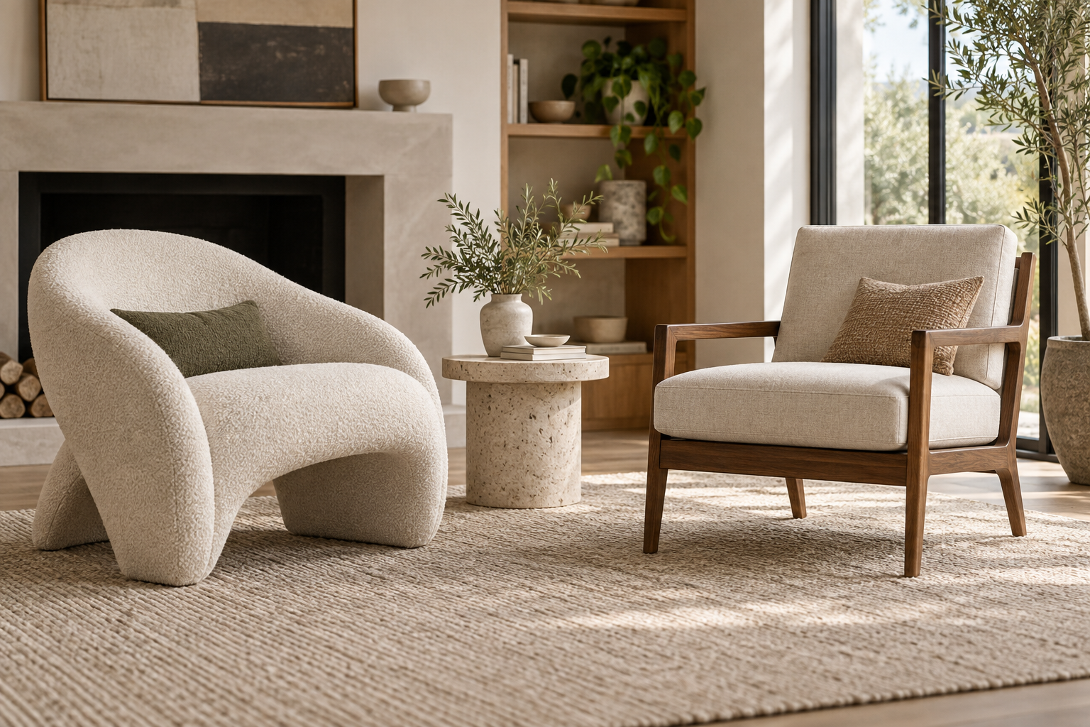 Two modern accent chairs in a calm living room with a neutral rug