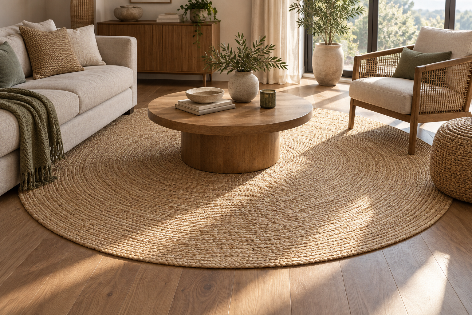 Large woven round rug beneath a coffee table and seating in a sunlit room