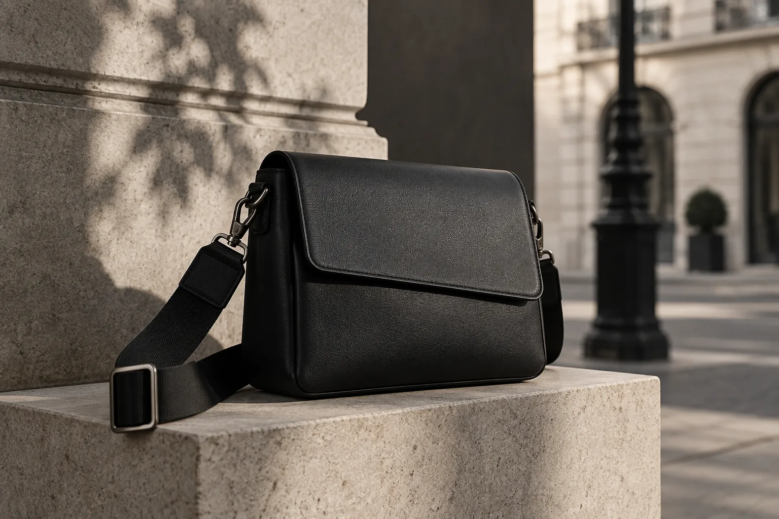 Black structured sling bag on a stone plinth in an urban setting