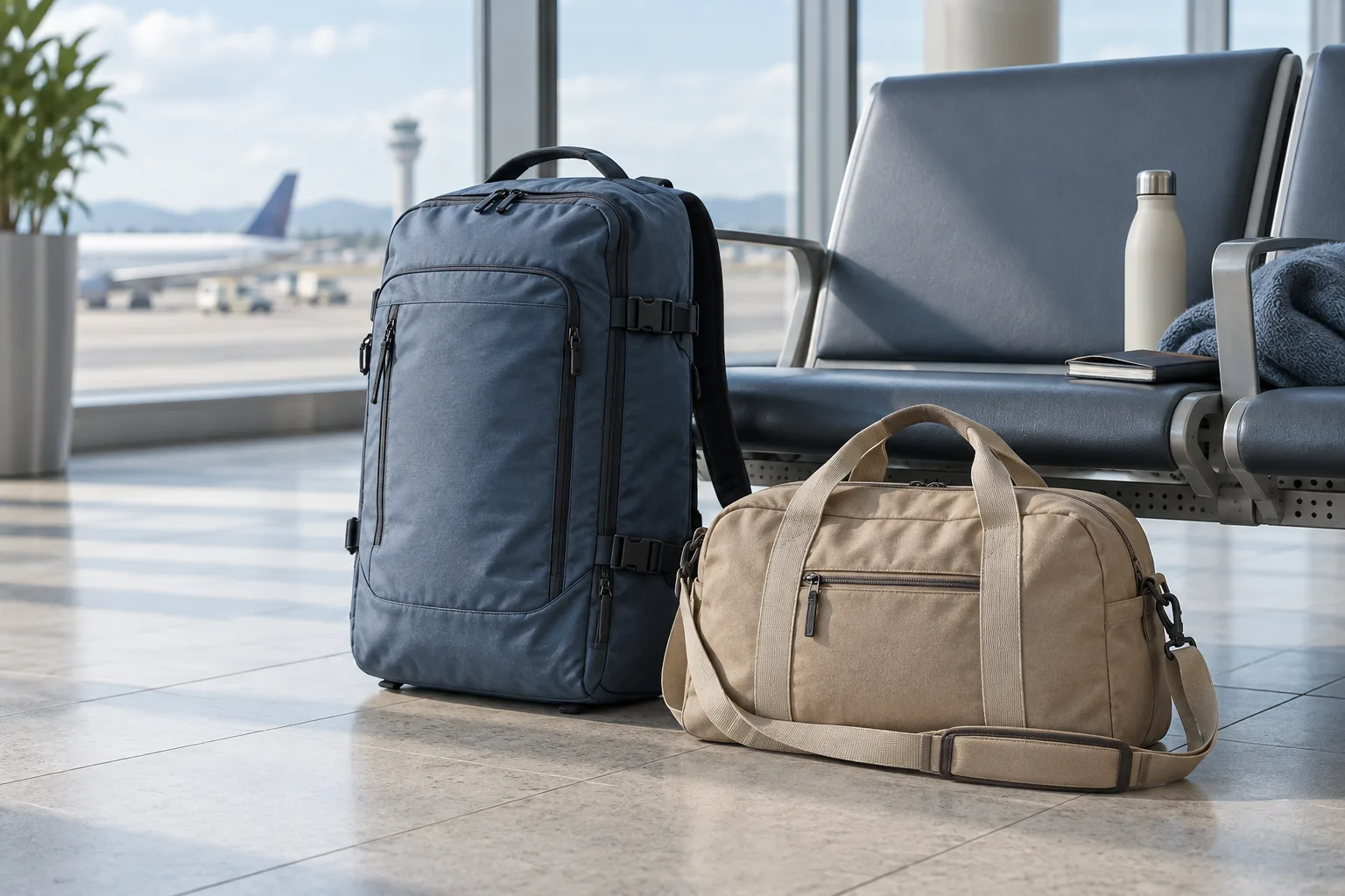 Soft-sided travel bags arranged beside airport seating