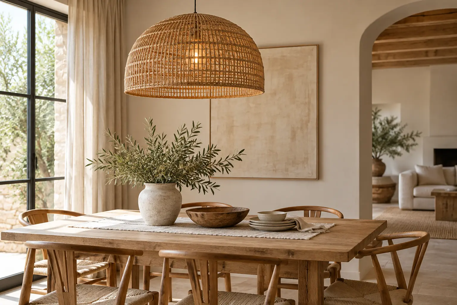 Woven rattan pendant light hanging above a warm wooden dining table