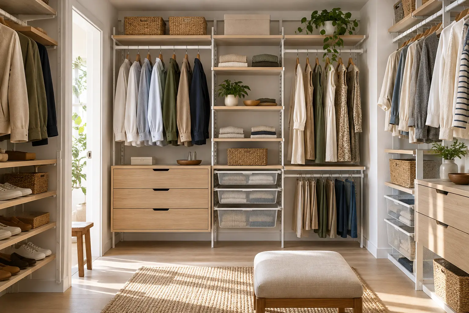 Adjustable track closet system with shelves, drawers, baskets, and hanging clothes