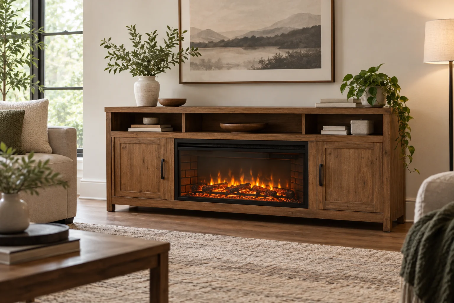 Wooden TV stand with an integrated electric fireplace in a warm living room